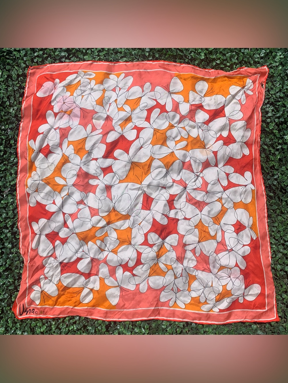 As Is 60s Vera orange pink & red silk butterfly colorful scarf